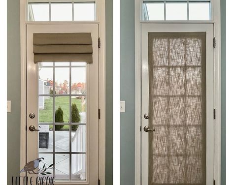 Front Door Window Treatments, Door Shades Ideas, French Door Coverings, Magnetic Blinds, Door With Window, French Door Windows, Glass Door Curtains, Sliding Glass Door Curtains, White French Doors