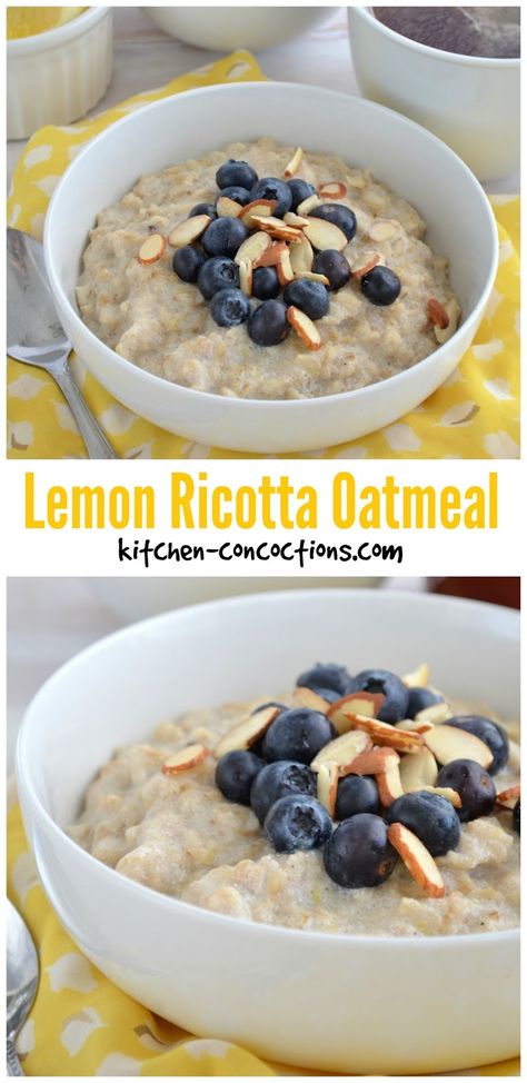 Lemon Ricotta Oatmeal with Blueberries and Almonds Recipe - This velvety, tart and tangy oatmeal is topped with plump and juicy blueberries and crunchy almonds for the perfect bowl of morning oatmeal! AD #BringYourBestBowl #Target #CollectiveBias Ricotta Bowl, Ricotta Oatmeal, Oatmeal Savory, Oatmeal With Blueberries, Low Calorie Oatmeal, Oatmeal Ideas, Breaking Fast, Almonds Recipe, Savory Oatmeal