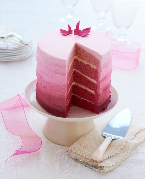 Shades Of Pink · Extract from Try It! Cake Decorating by DK · How To Bake A Layer Cake Fondant Butterflies, Fondant Butterfly, Pink Ombre Cake, It Cake, Dk Books, Cake Turntable, Graduation Dinner, Plain Cake, Ombre Cake