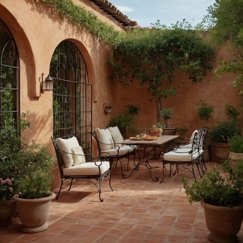 ⚠️LINK IN BIO⚠️ An inviting Mediterranean-inspired outdoor patio with terracotta tiles, elegant wrought-iron furniture, and vibrant greenery. #OutdoorPatio #Mediterranean #Terracotta #WroughtIron #Greenery Mediterranean Walled Garden, Italian Villa Backyard, Mediterranean Garden Tiles, Mediterranean Style Patio, Lightwell Garden, Italian Outdoor Patio, Hacienda Backyard, Courtyard Furniture Ideas, Terracotta Terrace