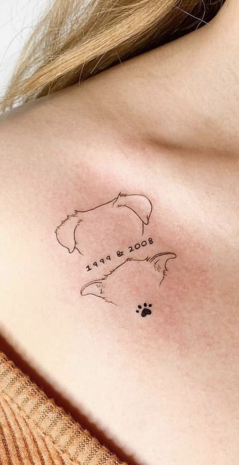 Dainty Places For Tattoos, Tattoo Ideas Female Meaningful Dog, Personalized Dog Tattoo, 2 Dog Tattoo Ideas, Girl And Dog Tattoo, 2 Dogs Tattoo, Lost Pet Tattoo, Dainty Dog Tattoos, Subtle Dog Tattoo