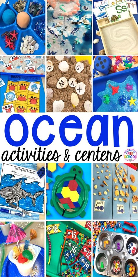 Ocean Centers for Preshool, Pre-K, and Kindergarten - Pocket of Preschool Ocean Animals Preschool Activities, Ocean Centers, Ocean Theme Preschool Activities, Ocean Kindergarten, Beach Preschool, Ocean Crafts Preschool, Ocean Animals Preschool, Beach Theme Preschool, Ocean Activities Preschool