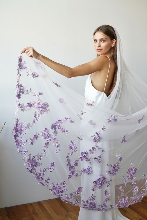 Embroidery Flower Vail, Wedding Dresses With Lavender Accents, Wedding Veil With Color, Light Lavender Wedding Dress, Purple Floral Wedding Dress, Floral Embroidery Veil, Purple Flower Wedding Dress, Light Purple Wedding Dress Lavender, Lavender Wedding Veil