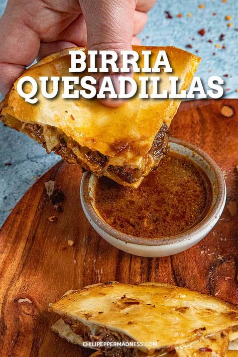 Birria Quesadillas, Birria Sauce, Mexican Birria, Spicy Guacamole, Mexican Breakfast Recipes, Mexican Recipe, Spicy Chicken Recipes, Melty Cheese, Quesadilla Recipes