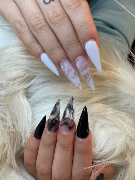 Black And Clear Marble Nails, Black Nails Acrylic Stilettos Long, Edgy Black And White Nails, Black Marbled Nails, Black And White Marble Acrylic Nails, Black Quartz Nails, White Edgy Nails, White And Black Acrylics, Marble Black And White Nails