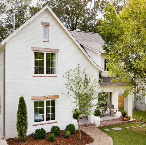 Beautiful white modern farmhouse house exterior in Birmingham - Willow Homes. #whitehouseexterior #houseexterior #housedesign #modernfarmhouse White House Exterior Paint Colors, White House Exterior, White Exterior Paint Colors, White Exterior Paint, Home Designs Exterior, White Exterior Houses, House Exterior Paint, Colors Inspiration, Best White Paint