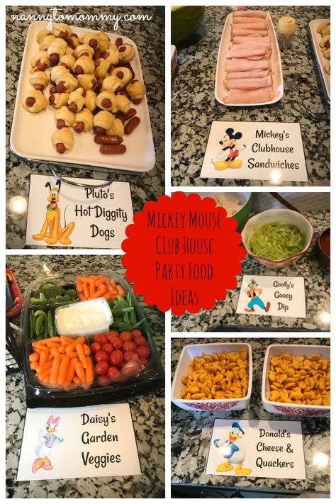 Food Ideas For Mickey Mouse Party, Mickey Themed Birthday Food, Mickey Party Snacks, Mickey Mouse Birthday Theme Food, Mickey Mouse Theme Party Food, Mickey Mouse Themed Snacks, Mickey Mouse Hot Dog Bar, Mickey Mouse Themed Food Snacks, Mickey Mouse Finger Foods