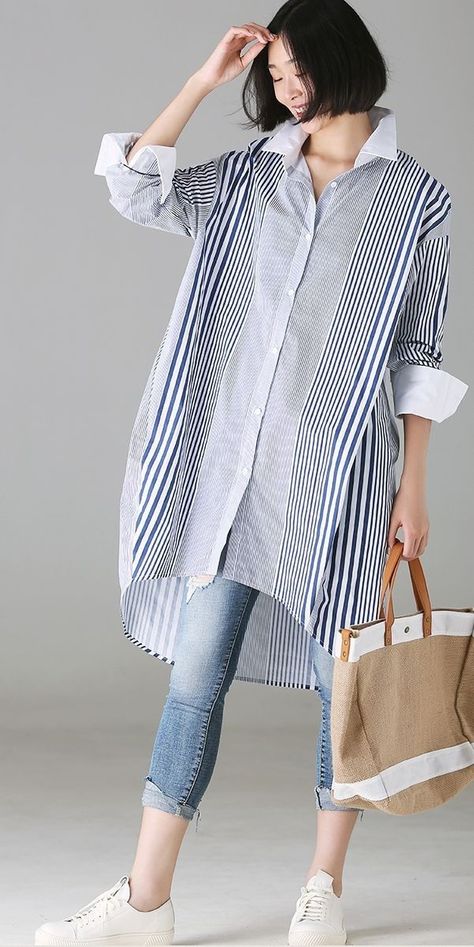 Loose Long Shirts For Women, Women Long Shirt Outfit, Long Shirt Outfits Summer, Long Striped Shirt Outfit, Striped Shirts For Women, Long Shirt Outfits Women, Striped Shirt Outfit Woman, Long Shirts For Women Style, Long Shirts For Women Casual