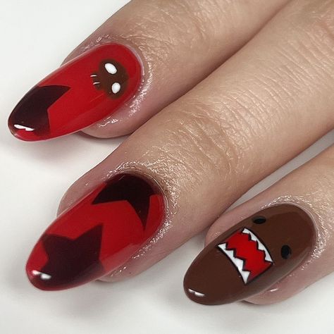 part 1 of my domo x pucca set French Tips With Halloween Design, Fully Painted Nails, Stilleto Nails Emo, Short Acrylic Nails Spooky, Manicure Ideas Halloween, Alomd Nails Cute French, Nail Art Designs Short Nails Simple, Ramona Flowers Nails, Supernatural Nails Acrylic