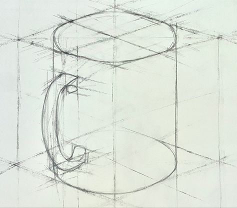 18”x24” Vine charcoal and pencil on paper Ellipse Drawing, Mug Sketch, Two Point Perspective, Still Life Sketch, Vine Charcoal, Mug Drawing, Sketching Tips, Perspective Drawing Lessons, Art Basics