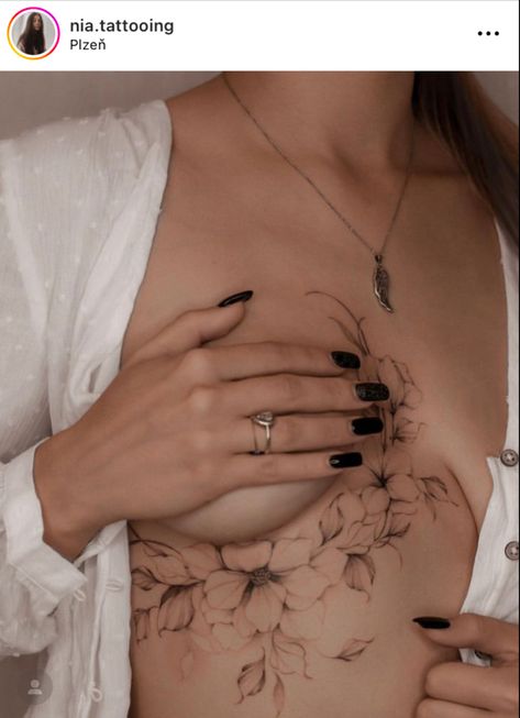 Sternum Rib Tattoo Women, Tattoo On Sternum Women, Geometric Tattoo Sternum, Rib Sternum Tattoos For Women, Sternum Leaves Tattoo, Women’s Sternum Tattoo Ideas, Sternum Flower Tattoo Women, Sternum Vine Tattoo, Womens Underboob Tattoo