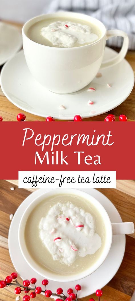 Step aside Christmas coffees! This peppermint tea latte is sweet, full of festive minty flavor, and topped with foamy milk! Made with only 3 ingredients and caffeine-free, this tea can be whipped up and enjoyed in minutes! Peppermint Tea Drinks, Peppermint Tea Latte, Herbal Tea Latte, Peppermint Tea Recipe, Hot Tea Recipes, Peppermint Latte, Tea Latte Recipe, Milk Tea Recipes, Hot Drinks Recipes