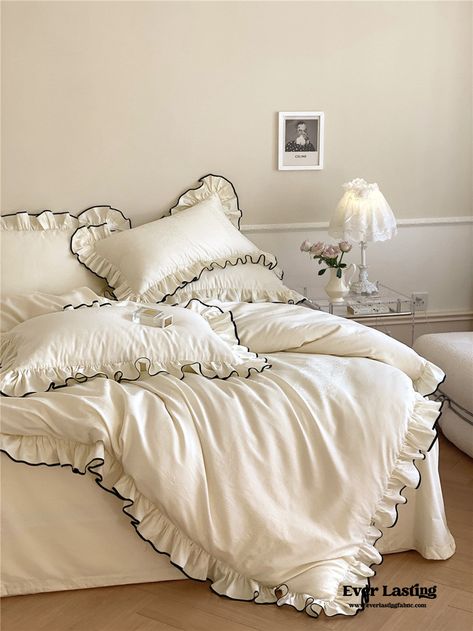 Silky Ruffle Bedding Set / Ivory White Ruffled Bedding Set, Muted Mauve Bedroom, Ruffle Bed Set, Cute Sheets Aesthetic, White Gothic Bedroom, Frilly Bedding, Bed Cover Ideas, Coquette Bedroom Decor, French Chic Bedroom