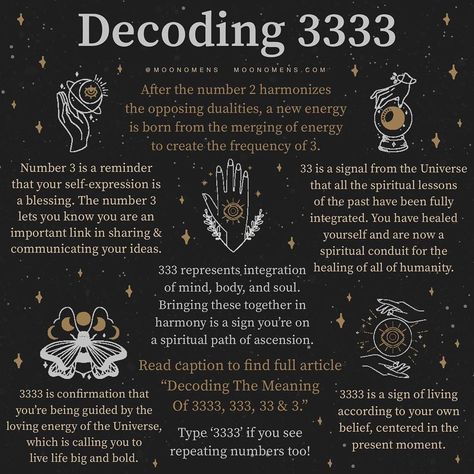 Moon Omens’s Instagram photo: “Read article in @moonomens bio 🔮✨🍃 “Decoding The Spiritual Meaning Of 3333, 333, 33 & 3” to learn everything about the energy number 3…” 3 Spiritual Meaning, 33:33 Meaning, Spiritual Meaning Of 333, 3 Meaning Number, 33 Spiritual Meaning, Gold Spiritual Meaning, 3333 Angel Number Meaning, 3 33 Meaning, Spirituality Meaning