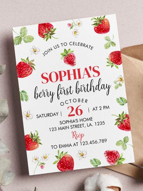 Strawberry First Birthday Invitation Berry Sweet Our strawberry birthday invitation is the perfect way to invite friends and family to your party #birthday #happybirthday #birthdaycards #birthdayparty #firstbirthday #turningone #berry #strawberry Strawberry 1st Birthday, Berry First Birthday Invitation, 1st Birthday Invitation Template, Berry First Birthday, Strawberry Birthday, Strawberry Party, Sweet Party, Birthday Invitation Template, Invite Friends