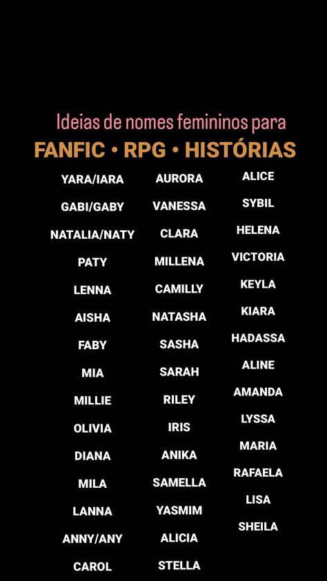 Ideias de nomes para personagens femininos fanfic RPG histórias wattpad Plots Para Fanfic, Rpg Names, Fantasy Names, Wolf Love, True Love Stories, Female Names, Httyd, Rainbow Dash, Love Story