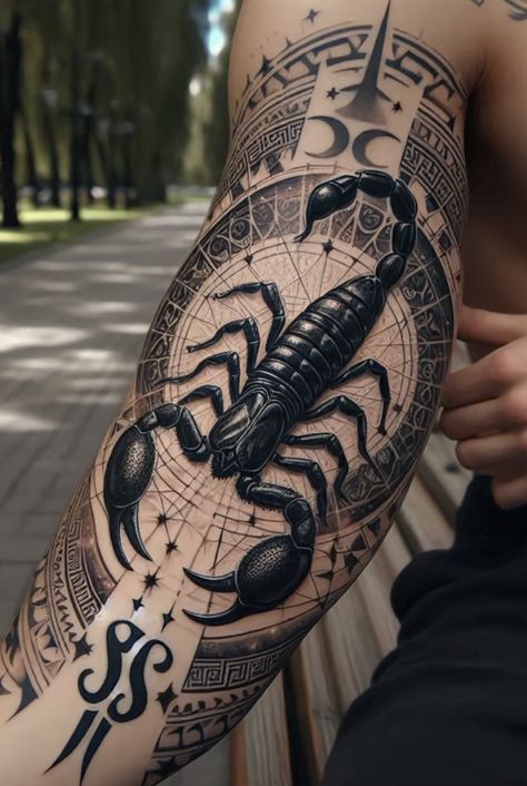 Tatoos Sleeves Man, Alpha Male Tattoo Ideas, Cool Male Tattoos, Scorpion Tattoo For Men Arm, Egyptian Scorpion Tattoo, Scorpion Tattoo Design Men, Scorpion Leg Tattoo, Scorpio Tattoo For Men, Scorpion Tattoo For Men