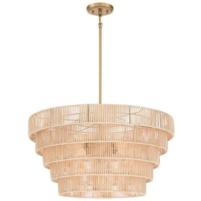 Make a style statement with the coastal-inspired 5-tier chandelier light. It features warm brass metal and hand-woven tiered drum shade which is crafted of natural rattan. It's a unique blend of eclectic nautical and modern styles. Filtering the light from within, each piece creates a play of light and subtle shadow in a room, adding an inviting ambiance. This collection can work with a variety of boho decors and even work in homes with coastal or modern farmhouse styling, which is an ideal sele Woven Chandelier Dining Room, Modern Coastal Lighting, Modern Farmhouse Chandelier Dining Rooms, Coastal Dining Room Lighting, Bohemian Chandelier, Farmhouse Styling, Rattan Light Fixture, Coastal Dining Room, Boho Chandelier