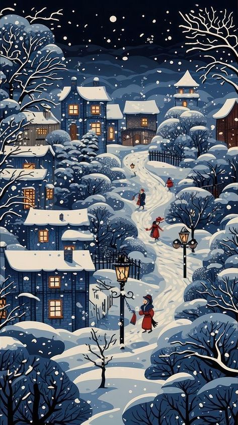 Winter Art Wallpaper, Christmas Town Illustration, Winter Illustration Art, Winter Screensavers, Winter House Illustration, Winter Christmas Background, Winter Town, Snow Illustration, Winter Christmas Scenes