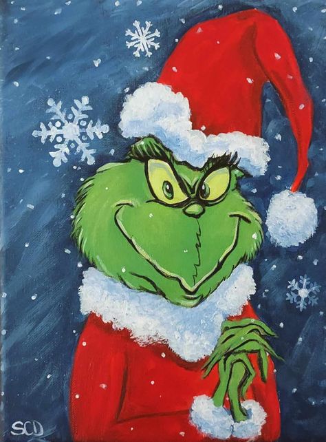 Hand Painted by Me original art Acrylic paint on canvas. Grinch Painting Ideas On Canvas, The Grinch Painting Ideas, Christmas Window Painting Grinch, Easy Xmas Paintings, Christmas Movie Paintings, Easy Christmas Acrylic Painting Ideas, Holiday Window Painting Ideas, Grinch Acrylic Painting, Grinch Drawing Art