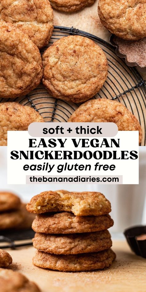 Quick Vegan Dessert Recipes, Healthy Snickerdoodle Cookies, Vegan Snickerdoodle Cookies, Vegetarian Alternatives, Egg Free Cookies Recipes, Vegan Snickerdoodles, Snickerdoodle Bars, Vegan Gluten Free Cookies, Gluten Free Snickerdoodles