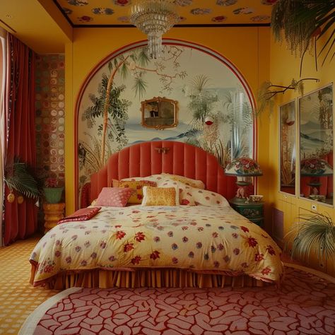 The bedroom is decorated in a modern style. The walls are painted yellow and the ceiling is decorated with a floral pattern ->> more details in ai-img-gen.com Nightstand With Lamp, Cozy Modern Bedroom, Funky Bedroom, Sf Apartment, Large Bed, Maximalist Home, Floral Comforter, Velvet Headboard, Peaceful Home