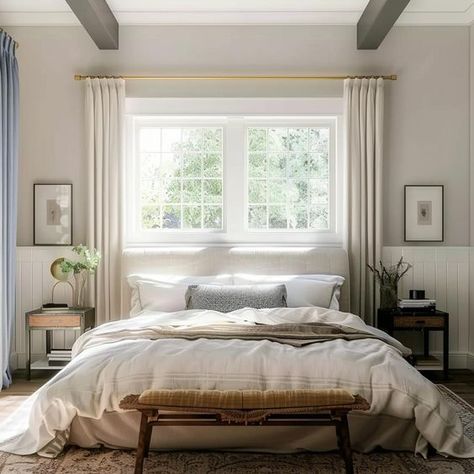 49 Stylish Window Behind Bed Ideas - DecorWithEva White Bed White Curtains, Window With Bed Design, Bed Designs With Window Behind, Small Bedroom Window Ideas Curtains, Bedroom Windows Above Bed, Window Behind Master Bed, Bed In Front Of Window Curtain Ideas, Bed Underneath Window, Bay Window Behind Bed