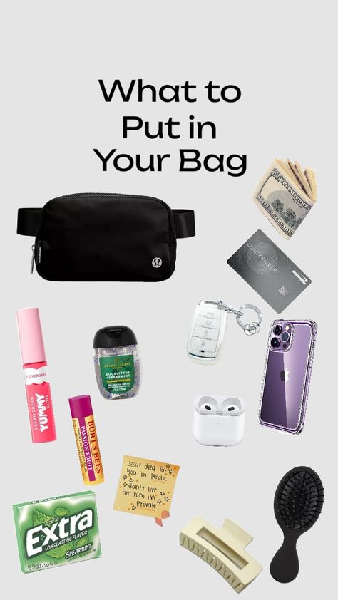 Credit if you wanna reshare 🤍 Thing to put in your bag [not only belt bags]💐 Things To Keep In School Bag, What To Pack In Your Lulu Belt Bag, What To Keep In Your Purse, Lulu Belt Bag, Middle School Essentials, Everyday Bag Essentials, Essential Pouch, Bag Essentials, Lulu Lemon