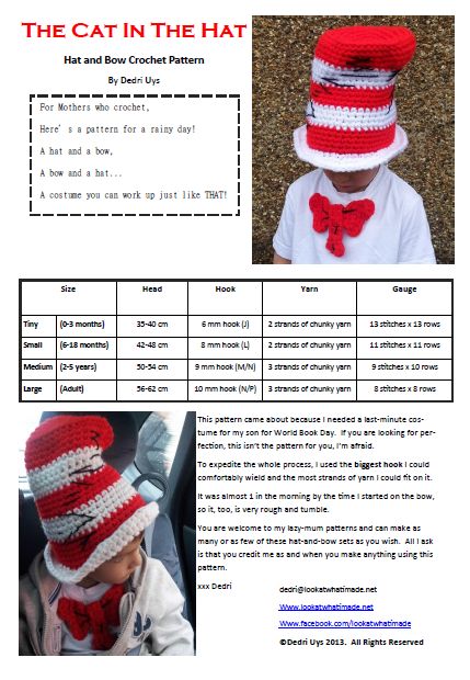 Cat in the Hat Crochet Pattern - Look At What I Made Crochet Cat In The Hat Pattern Free, Crochet Cat In The Hat, Dr Seuss Crochet Hats, Cat In The Hat Crochet, Crochet Cat In The Hat Hat, Cats In Crochet Hats, Crochet Bow Pattern, Cat Hat Pattern, Hat And The Cat Dr. Seuss