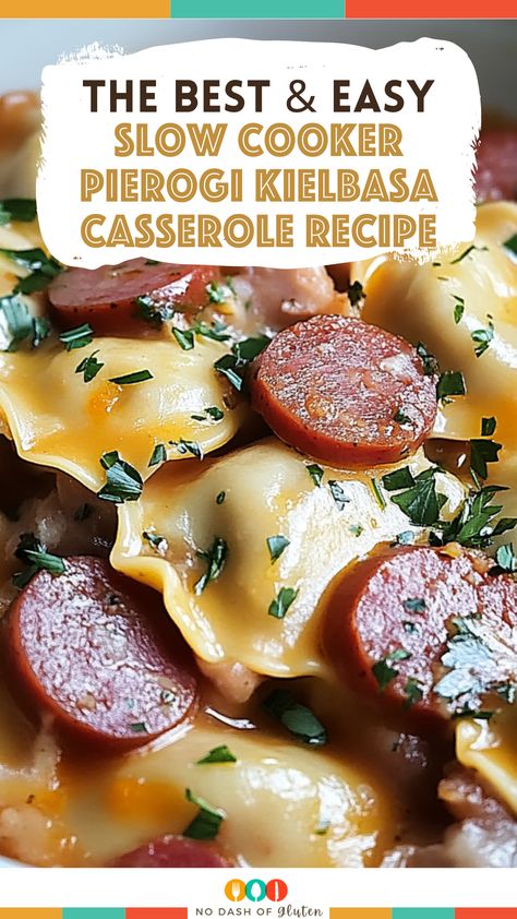 This Slow Cooker Pierogi Kielbasa Casserole Recipe is the ultimate comfort food! Just toss everything in the crockpot and enjoy a creamy, cheesy, and delicious meal with minimal effort. Perfect for busy nights! Click here to save and make it tonight! Crock Pot Pierogies And Kielbasa, Crockpot Pierogi Casserole With Kielbasa, Lazy Pierogi Casserole, Kielbasa Crockpot, Pierogi Kielbasa, Kielbasa Casserole, Kilbasa Sausage Recipes, Pierogies And Kielbasa, Slow Cooker Kielbasa