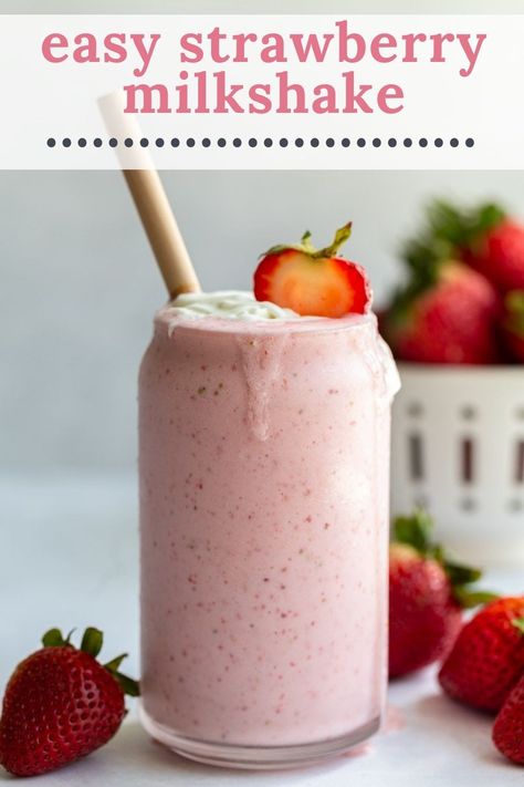 This easy Strawberry Milkshake comes together with just THREE simple ingredients and about 5 minutes. So thick and creamy! Strawberry Ice Cream Milkshake, Healthier Milkshake, Strawberry Shake Recipe, Milkshake Recipe Strawberry, Fruit Milkshake, Strawberry Banana Milkshake, Plant Based Dessert Recipes, Healthy Milkshake, Milkshake Recipe Easy