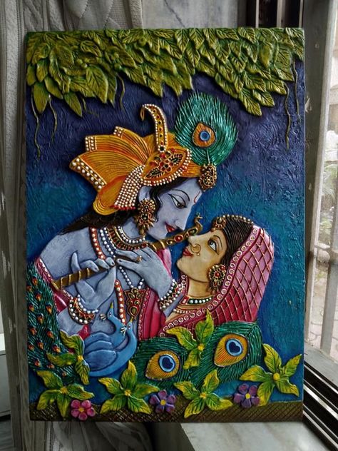 Lippan Art God Design, Krishna 3d Painting, Mouldit Art Ideas On Canvas, Radhakrishna Lippan Art, Clay Work, Mural Art Krishna Radha, Radha Krishna Wall Painting Easy, Mud Art Mirror Work Krishna, Radha Krishna Clay Mural