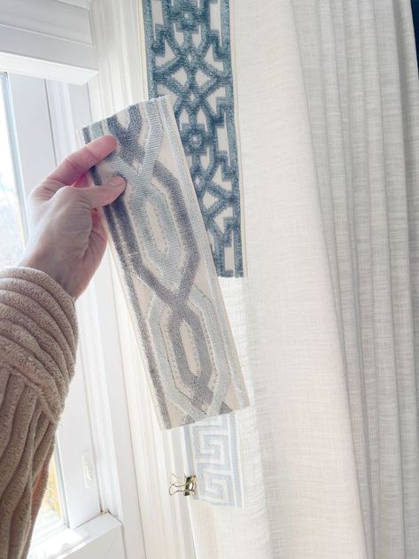 DIY Designer Dupe: Add Trim Tape to Curtains Curtains With Tape Trim, How To Add Tape Trim To Curtains, Trim For Curtains, Mixing Fabric Patterns, Curtains With Ribbon Trim, Adding Trim To Curtains Drapery Panels, Chinoiserie Drapes Window Treatments, Trim On Curtains, Curtain Trim Ideas Drapery Panels