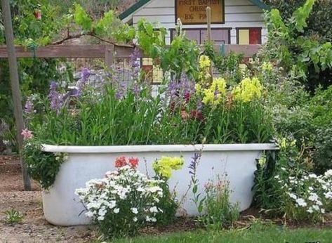 an old bathtub planted with flowers in the garden Garden Tub Decorating, Garden Bathtub, Old Bathtub, Unique Garden Decor, Small Water Features, Cast Iron Tub, Herb Garden Design, Beautiful Yards, English Country Gardens