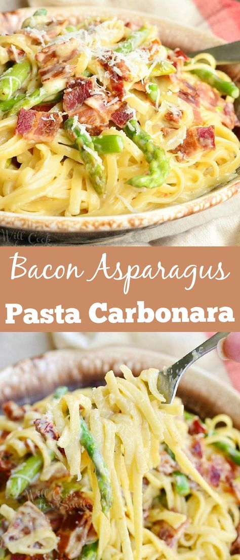 Bacon Asparagus Pasta, Cabonara Recipes, Asparagus Pasta Recipes, Bacon Pasta Recipes, Bacon Asparagus, Pasta Alla Carbonara, Comfort Pasta, Asparagus Pasta, Carbonara Recipe