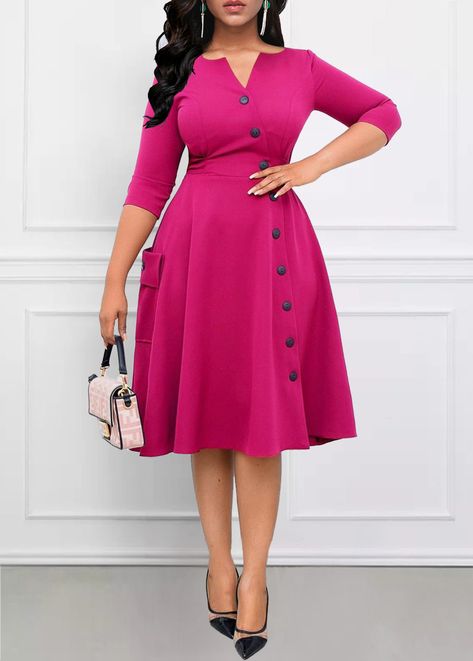 ROTITA Breathable Hot Pink Split Neck Dress | Rotita.com - USD $36.98