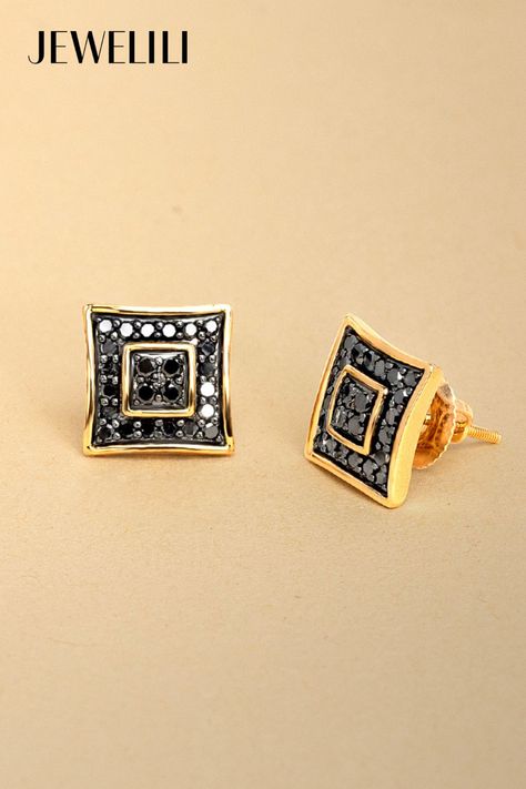 More than just accessories, these Men's Stud Earrings embody refined craftsmanship and bold elegance. Crafted from 14K yellow gold over sterling silver, they feature a striking treated black round diamond at the center, encircled by a gold rim and another set of treated black diamonds. Perfect for both casual outings and formal events, these earrings elevate any look. They also make a thoughtful date night or anniversary gift, adding a touch of sophistication to any occasion. Mens Earrings, Men's Earrings, Studs Men, Black Diamonds, Men Earrings, Diamond Stud, Earrings Silver, Diamond Studs, Black Diamond