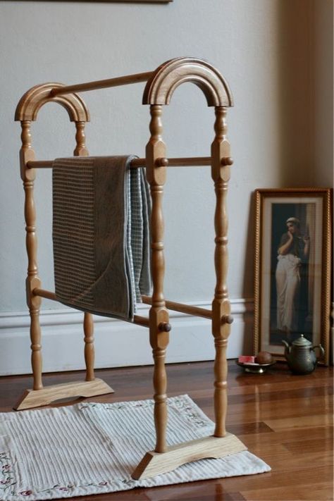 Beautiful Wooden Towel Rail Rack, Vintage Classic Timber Stand, Can be Posted | Wooden towel rail, Vintage towels, Beautiful towels Wooden Towel Rack Bathroom, Bathroom Standing Shelf, Wooden Towel Rail, Repurposed Wood Projects, Vintage Tea Cart, Bathroom Shelves For Towels, Standing Towel Rack, Vintage Tub, Bathroom Towel Rails