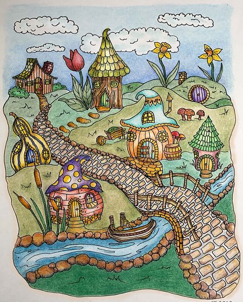 Fairy Village Illustration, Gnome Village Drawing, Fairy Village Art, Fairy Garden Drawing Simple, Fairy Village Drawing, Fairy Land Drawing, Gnomes Painting, Fantasy Dwellings, Fairy Garden Drawing