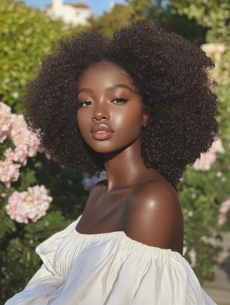 Princess Core Makeup, Beautiful Black Women With Curly Hair, Black Skin Aesthetic, Black Woman Portrait Photography, Japanese Woman Aesthetic, Big Curly Hair Black Women, Ethereal Beauty Aesthetic, Black Selfies, Black Goddess Aesthetic