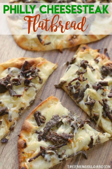 Cheesesteaks rule in my neck of the woods. This Philly Cheesesteak Flatbread is the perfect recipe to celebrate the sandwich Philadelphia made famous. Philly Cheese Steak Flatbread, Steak Flatbread Pizza, Philly Cheesesteak Flatbread, Cheesesteak Flatbread, Shaved Beef Recipe, Steak Quesadilla, Flatbread Pizza Recipes, Steak Pizza, Philly Steak