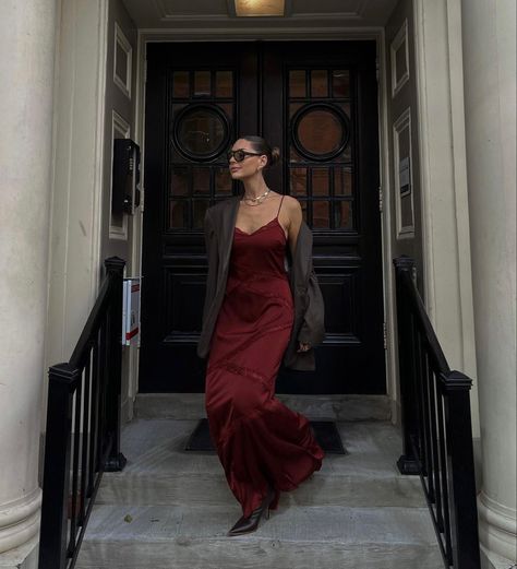 Slip Dress Outfit, Red Satin Dress, Red Silk Dress, Red Slip Dress, Cherry Chocolate, Maxi Dress Outfit, Cherry Dress, Red Dress Outfit, Red Dress Maxi