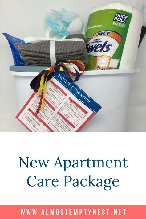 New Apartment Care Package: A cleaning kit gift basket for a new apartment. Perfect first apartment gift for him. Free Cleaning Checklist printable. #newapartmentcarepackage #firstapartmentcarepackage #newapartmentgiftbasket #cleaninggiftbasket #cleaningcarepackage #almostemptynest Free Cleaning Checklist Printable, Free Cleaning Checklist, Fall Care Package, First Apartment Gift, Valentines Day Care Package, Diy Care Package, Halloween Care Packages, College Girl Gifts, Cleaning Checklist Printable