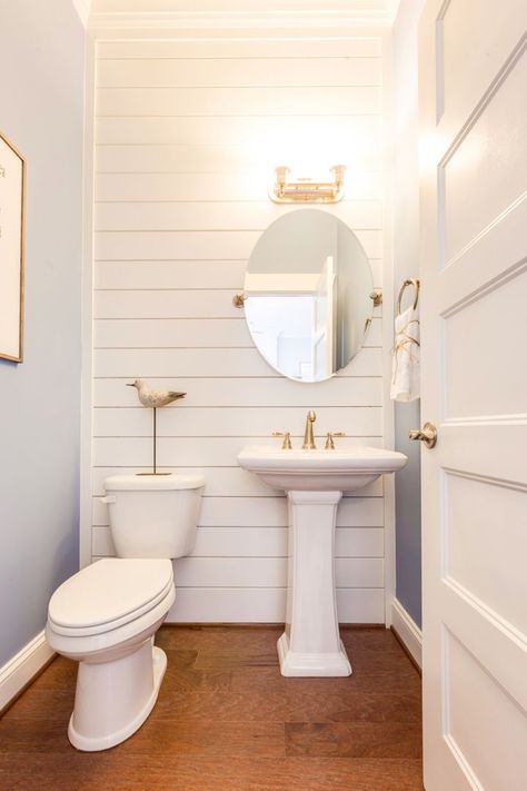 coastal powder bathroom with shiplap wall… Half Bathroom Decor Ideas, Half Bathroom Decor, Alexander Home, Walk In Shower Designs, Bad Inspiration, Country Homes, Basement Bathroom, Half Bathroom, Small Bathrooms