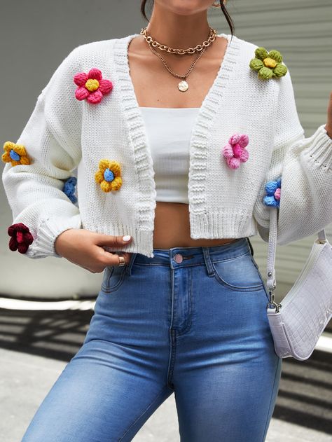 White Crochet Cardigan, Flower Cardigan, Crochet Festival, Festival Crop Tops, Crochet Summer Tops, Effortlessly Chic Outfits, Crochet Jacket, Knitwear Fashion, Crochet Top Pattern