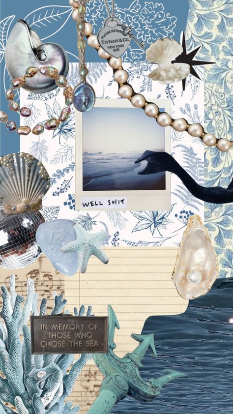 #blue #sea #me #moodboard #pinterest #art #taylorswift Sea Life Mood Board, Under The Sea Mood Board, Ocean Mood Board, Sea Moodboard, Ocean Moodboard, Ocean Accessories, Mood Board Fashion Inspiration, Tiny Worlds, Beach Wall Collage