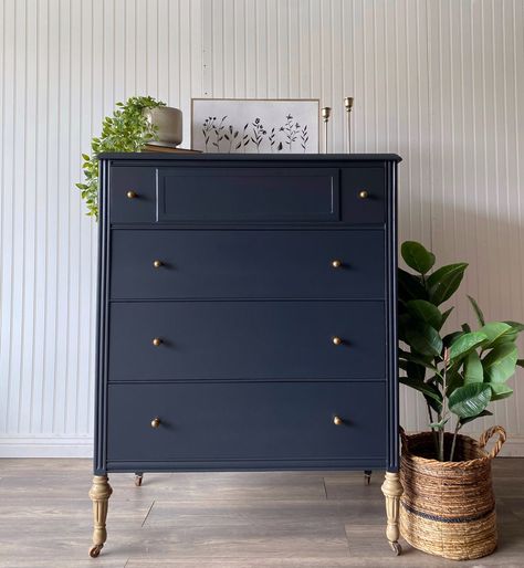 **SOLD * PLEASE DO NOT PURCHASE ** SHIPPING IS NOT FREE, please message me with a zip code prior to purchasing.  This beautiful vintage chest of drawers has been refinished and painted in a deep blue gray color in a custom mix of Carbon and Jet Black by Wise Owl. The legs have been painted and glazed for a faux wood look. New antique brass knobs have been added for a new modern look as well as neutral floral liners in all the drawers. This dresser is perfect for a small area and is very spacious Blue Dresser Bedroom Ideas, Blue Dresser Bedroom, Dark Blue Dresser, Room Modern Bedroom, Navy Blue Dresser, Dresser Nursery, Grey Chest Of Drawers, Furniture Colors, Painted Night Stands