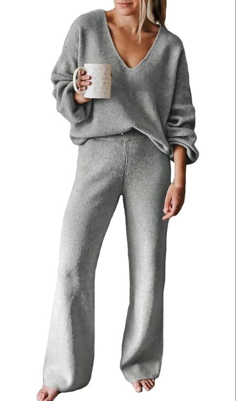 Viottiset Women's 2 Piece Outfits Casual V Neck Knit Wide Leg Sweater Lounge Set Sweatsuit Sweater Lounge Set, Tracksuit Outfit, Womens Knit Sweater, Loungewear Outfits, Sweatsuit Set, Pullover Outfit, Long Sleeve Pullover Sweater, Tracksuit Women, Knit Pullover