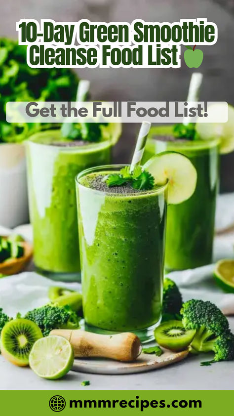 Planning your 10-day green smoothie cleanse has never been easier with this complete food list! Discover all the delicious and nutritious ingredients you’ll need to prepare your smoothies and stay on track. Save this pin and make your cleanse smooth and simple! Morning Green Smoothie Recipes, 10 Day Green Smoothie Cleanse Recipes, Green Smoothie Diet 10 Day, Healthiest Green Smoothie, Jj Smith 10 Day Green Smoothie Cleanse Day 1, Jj Smith 10 Day Green Smoothie Cleanse Grocery List, Jj Smith 10 Day Green Smoothie Cleanse Snacks, Green Smoothie Recipes For Gut Health, Jj Smith 10 Day Green Smoothie Cleanse