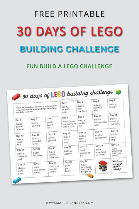 FREE Printable 30 Day LEGO Building Challenge #LEGO Lego Challenges For Kids, Lego Classroom, Lego Crafts, Lego Therapy, Mazes For Kids Printable, Lego Printables, Lego Print, Building Challenge, Lego Coloring